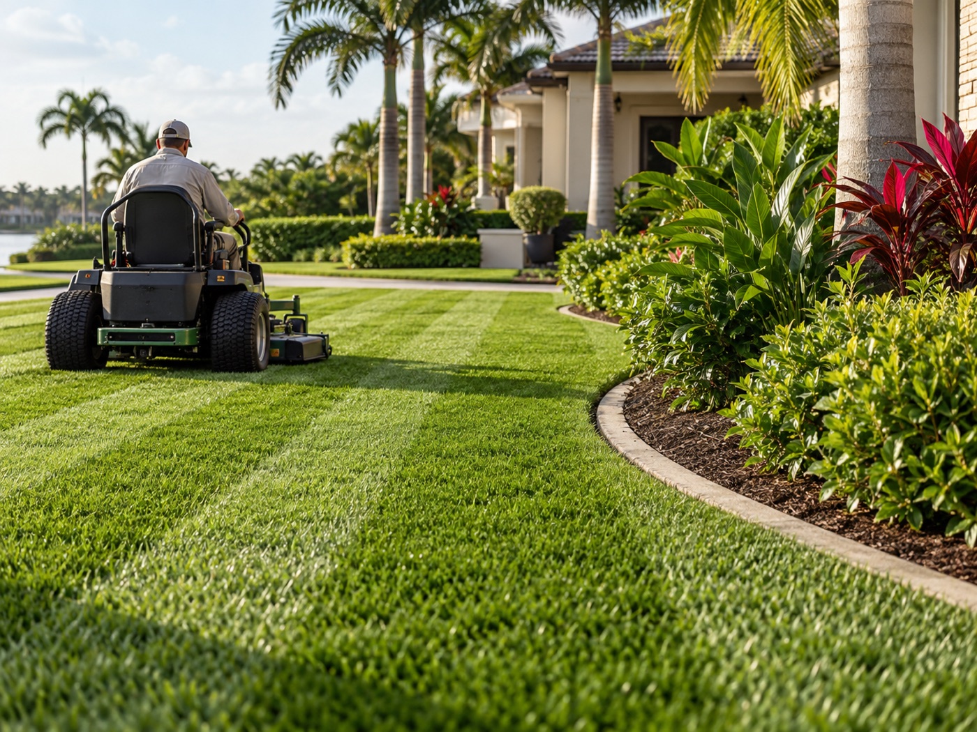 Professional mowing a lush South Florida lawn