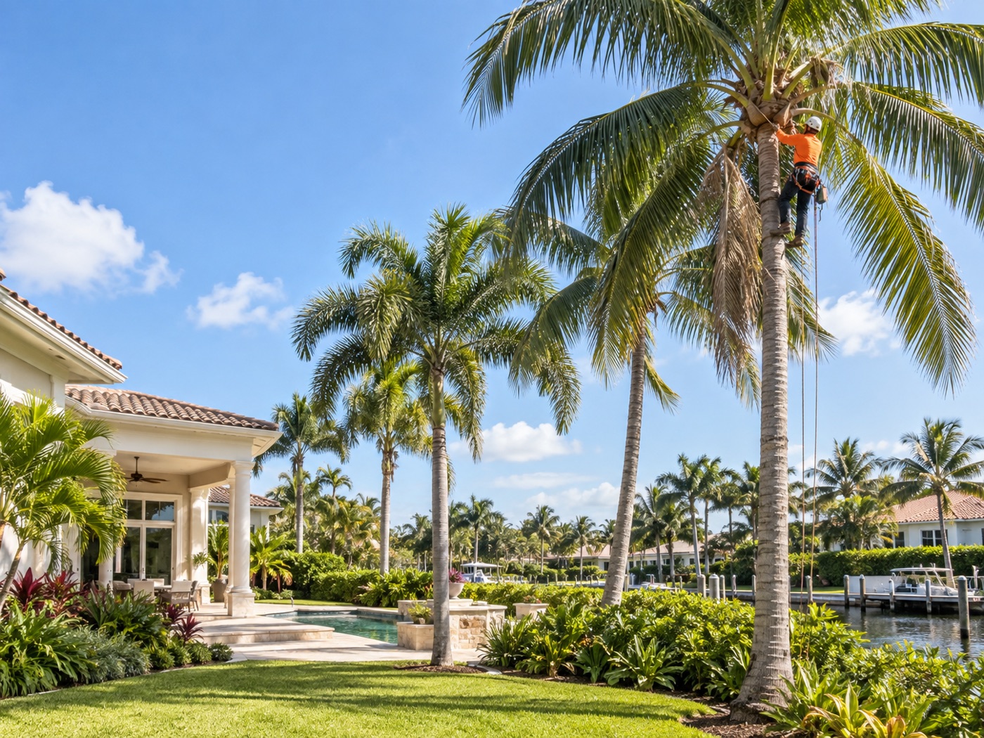 Arborist safely trimming a palm tree in South Florida